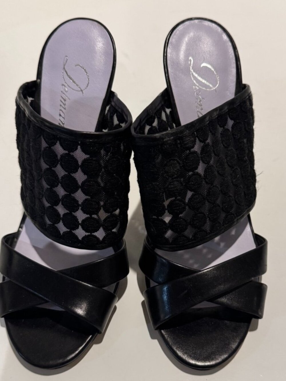 Delman Women's Black High-Heel Sandals w/Mesh Overlay and Leather Straps, Size 9